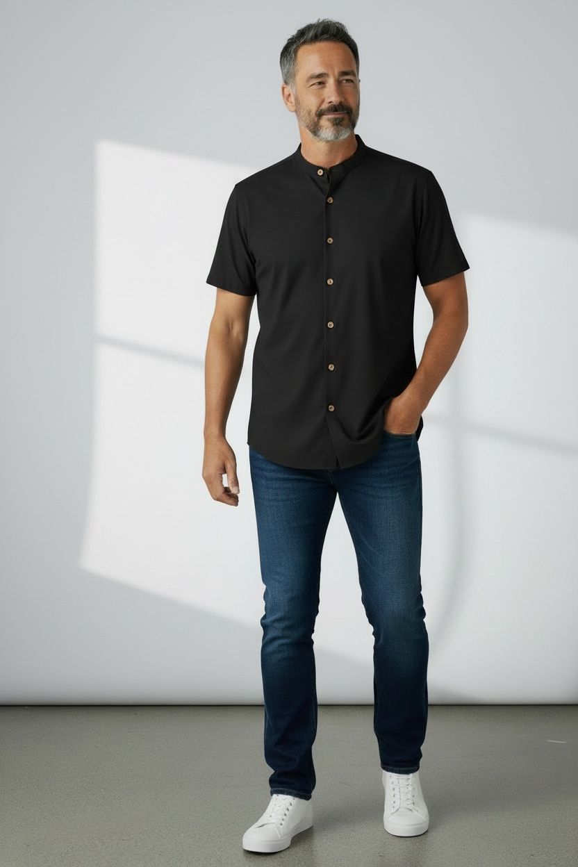 Camisa Premium Manga Corta Hombre – Linen Touch Cuello Mao