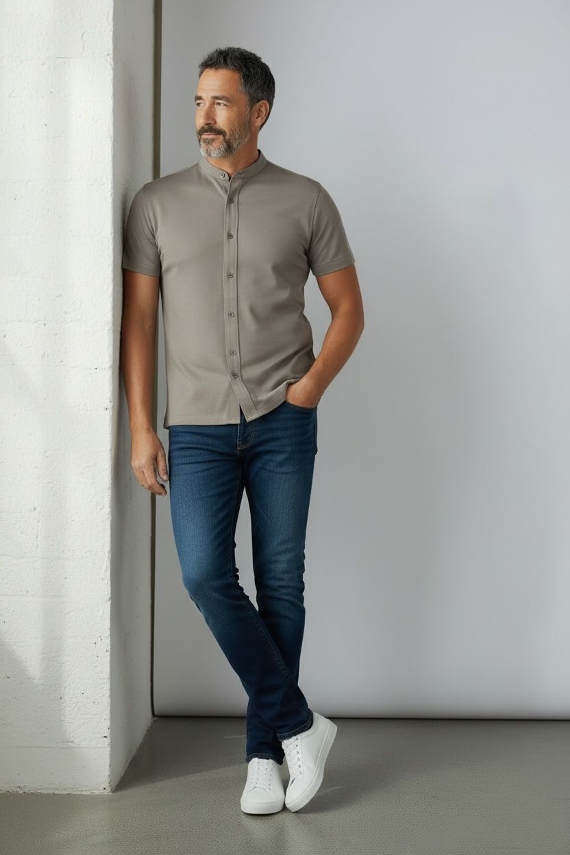 Camisa Premium Manga Corta Hombre – Linen Touch Cuello Mao
